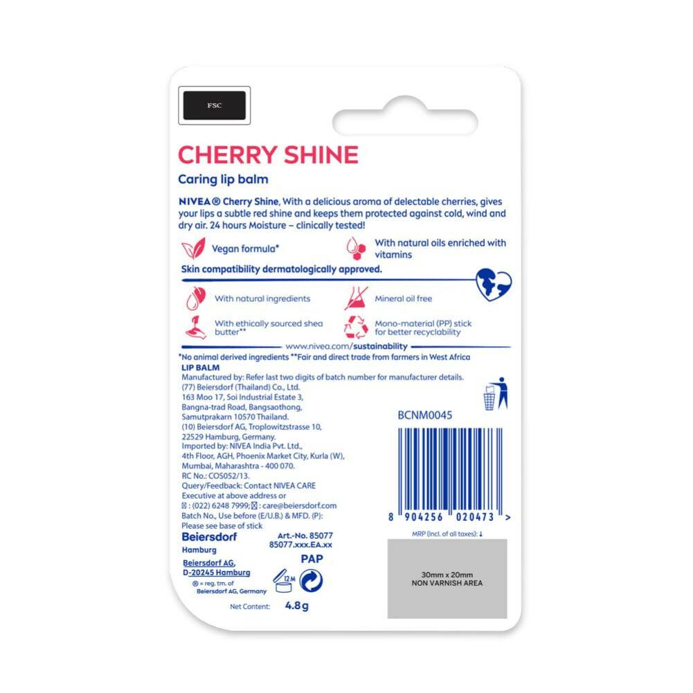 Nivea Cherry Shine Lip Balm 24 H Melt in Moisture Formula Glossy Finish