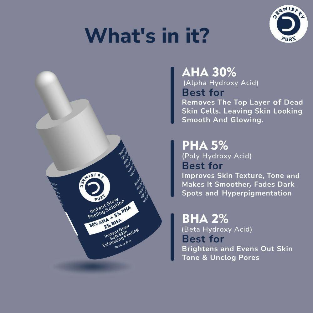 Dermistry Pure 30% AHA 5% PHA 2% BHA Peeling Exfoliating Solution Instant Bright Glow Fairness Serum