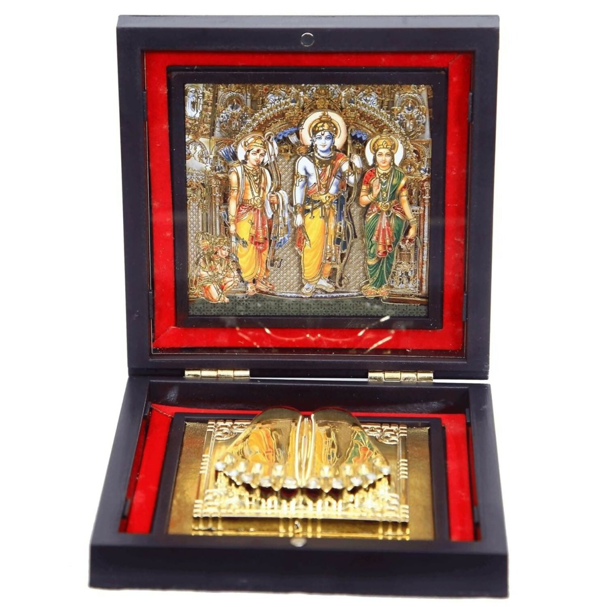 AncientlRam Darbar Pocket Temple Box With Charan Paduka Square Shaped, Gold Plated
