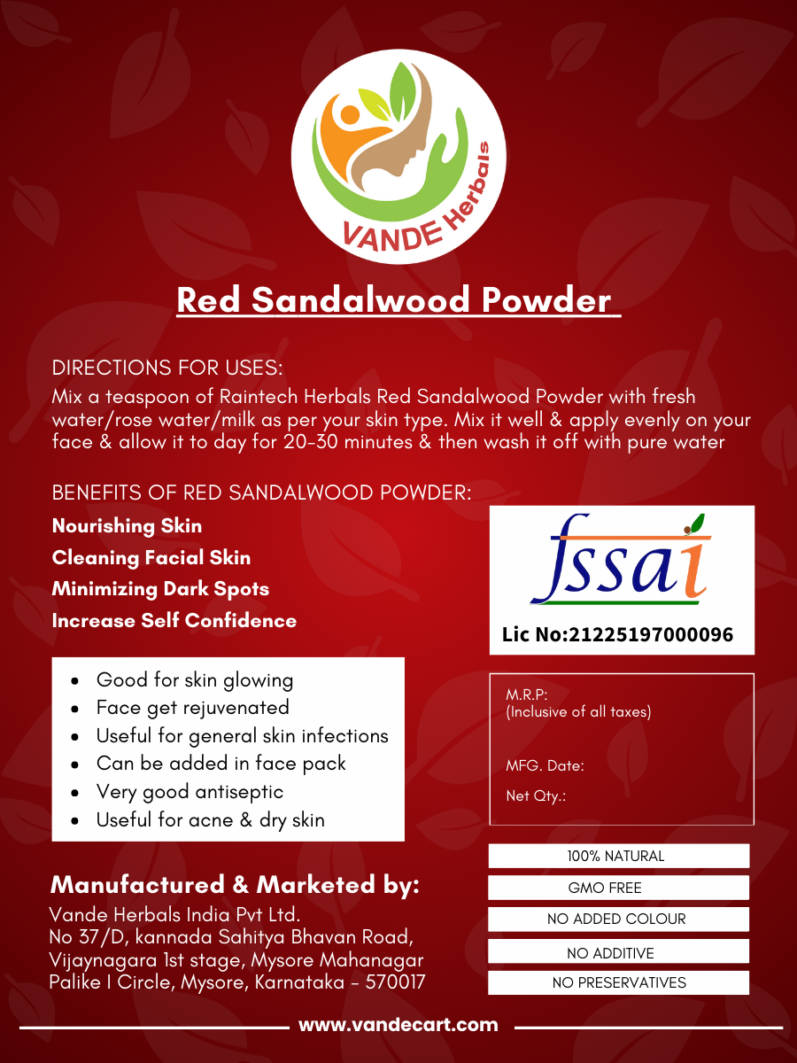 Red Sandalwood Powder (Rakthachandana Podi) 100g pack| Vande Herbals