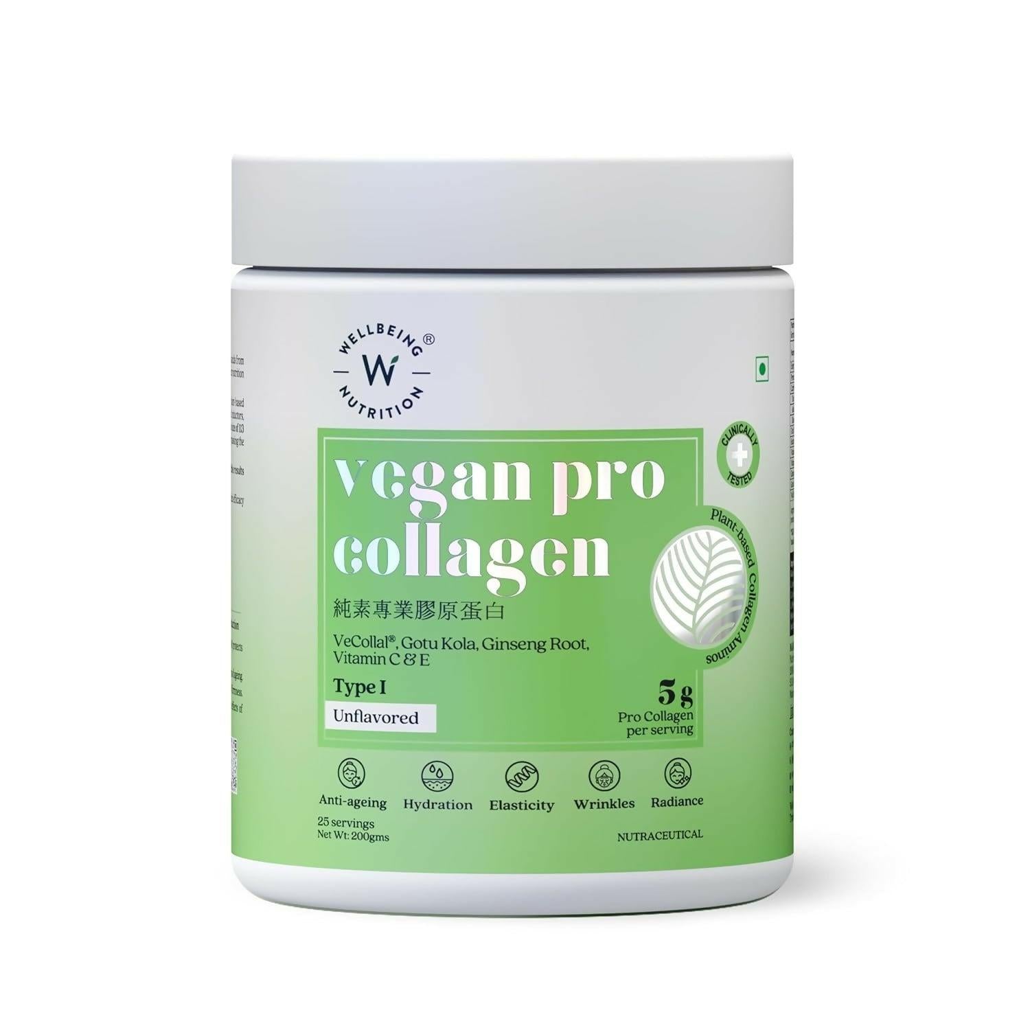 Wellbeing Nutrition Vegan Pro Collagen Powder with Gotu kola, Ginseng, Vitamin C & E - Unflavored - Improves Skin Hydration, Texture