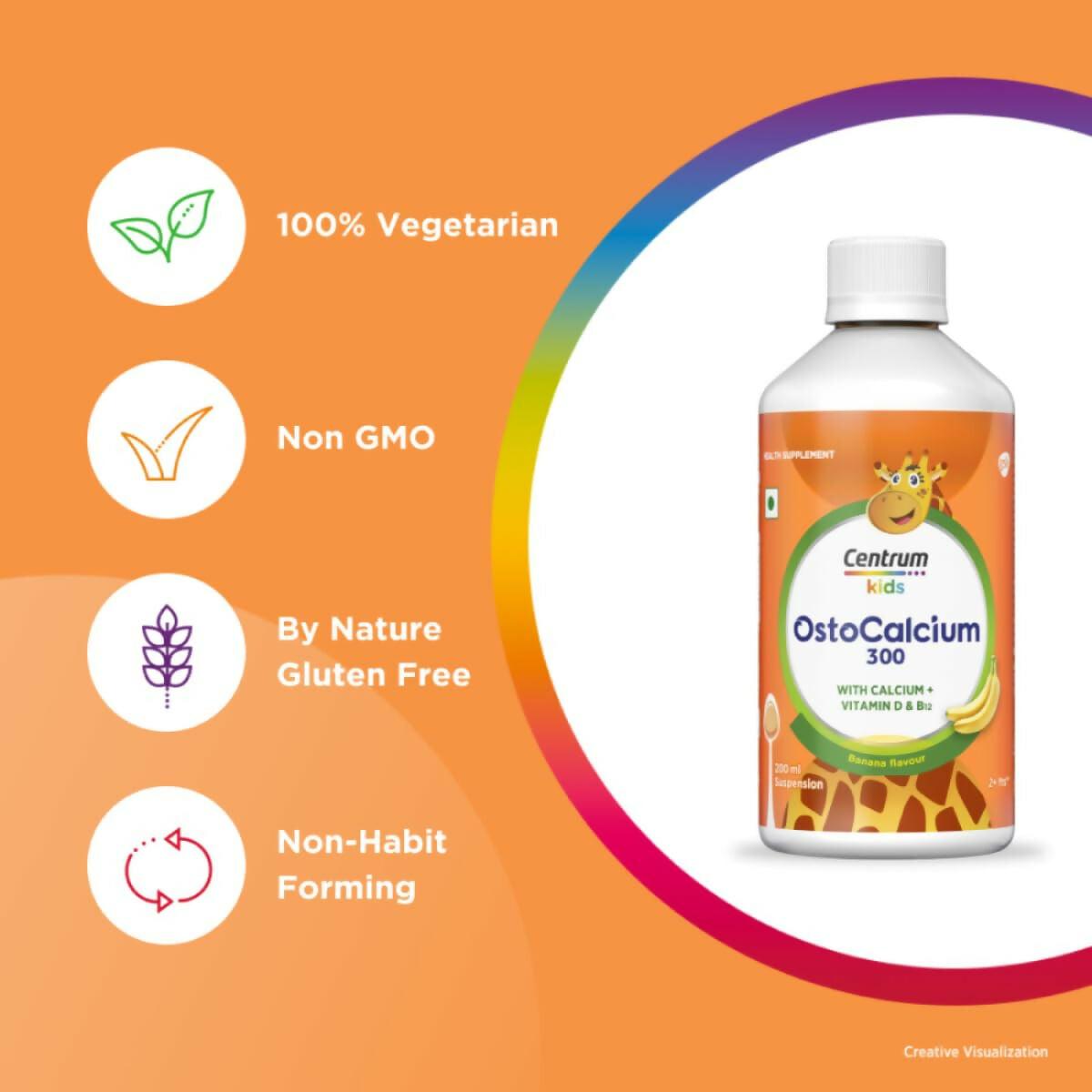 Centrum Osto Calcium 300 Suspension for Kids, Vit D & Calcium to support Growth, Strong Bones & Teeth