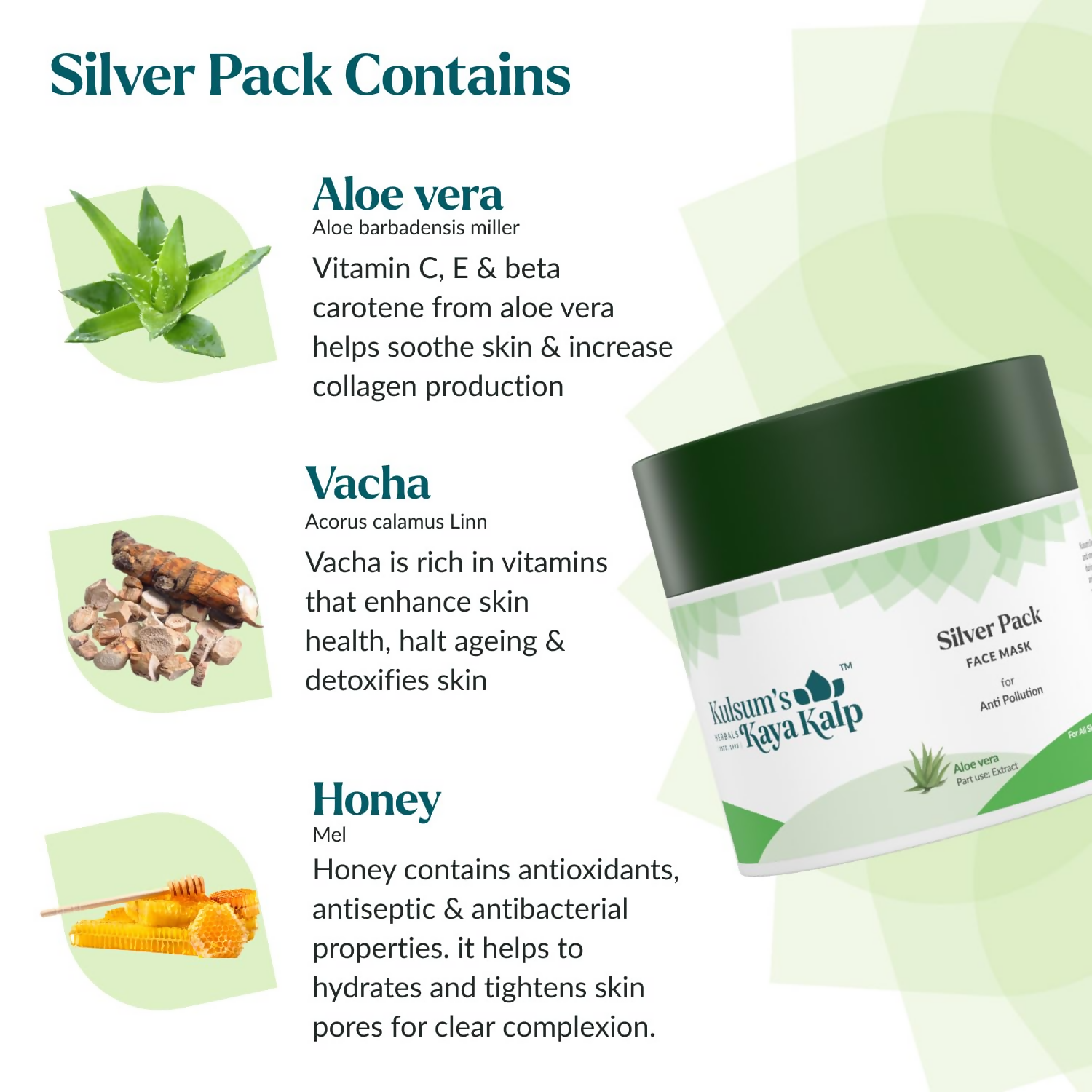 Kulsum's Kaya Kalp Silver Pack For Anti-Pollution With Silver Leaf & Aloe Vera