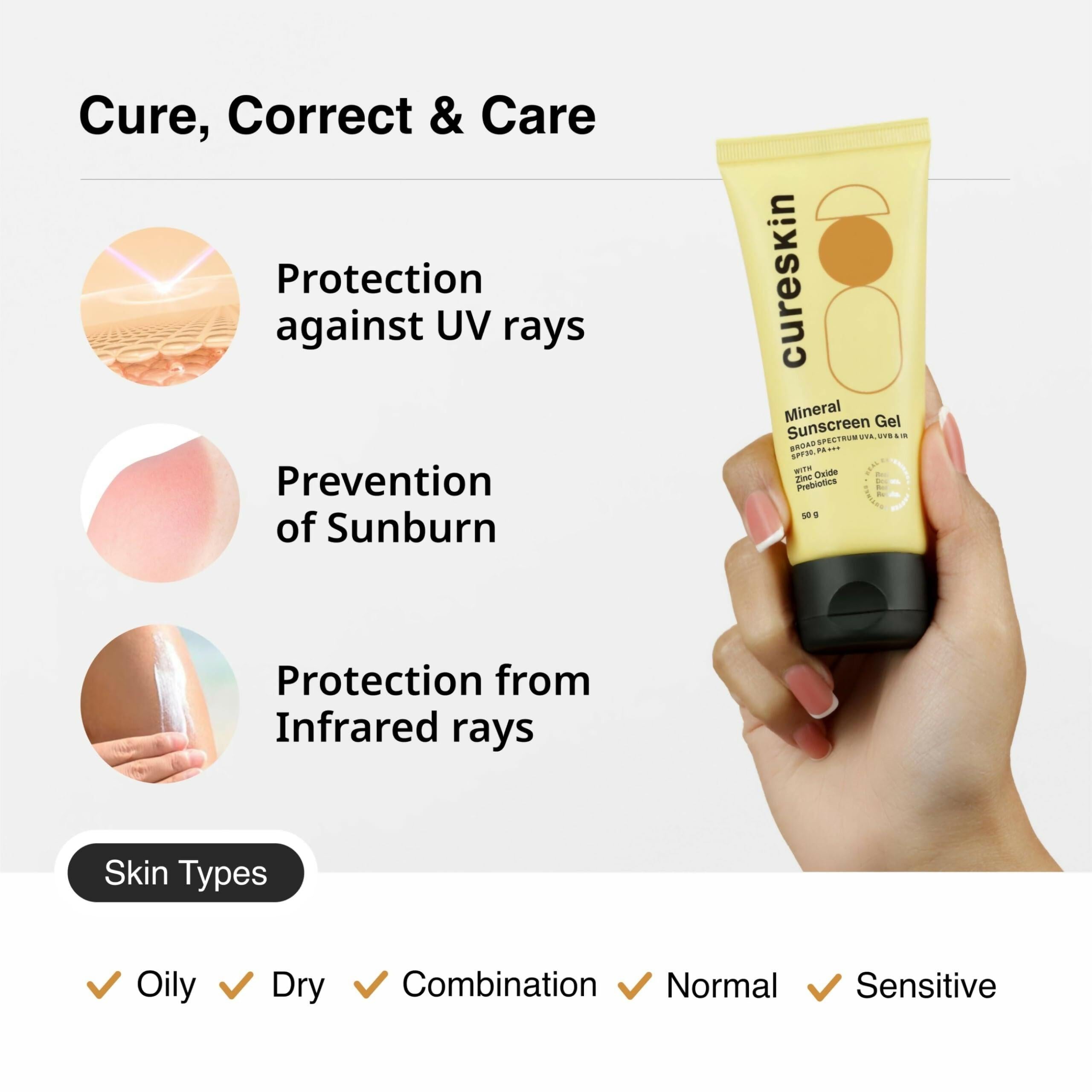 Cureskin Mineral Sunscreen Gel Matte Finish SPF 30 PA+++ Broad Spectrum Sun (UVA, UVB & IR) Protection