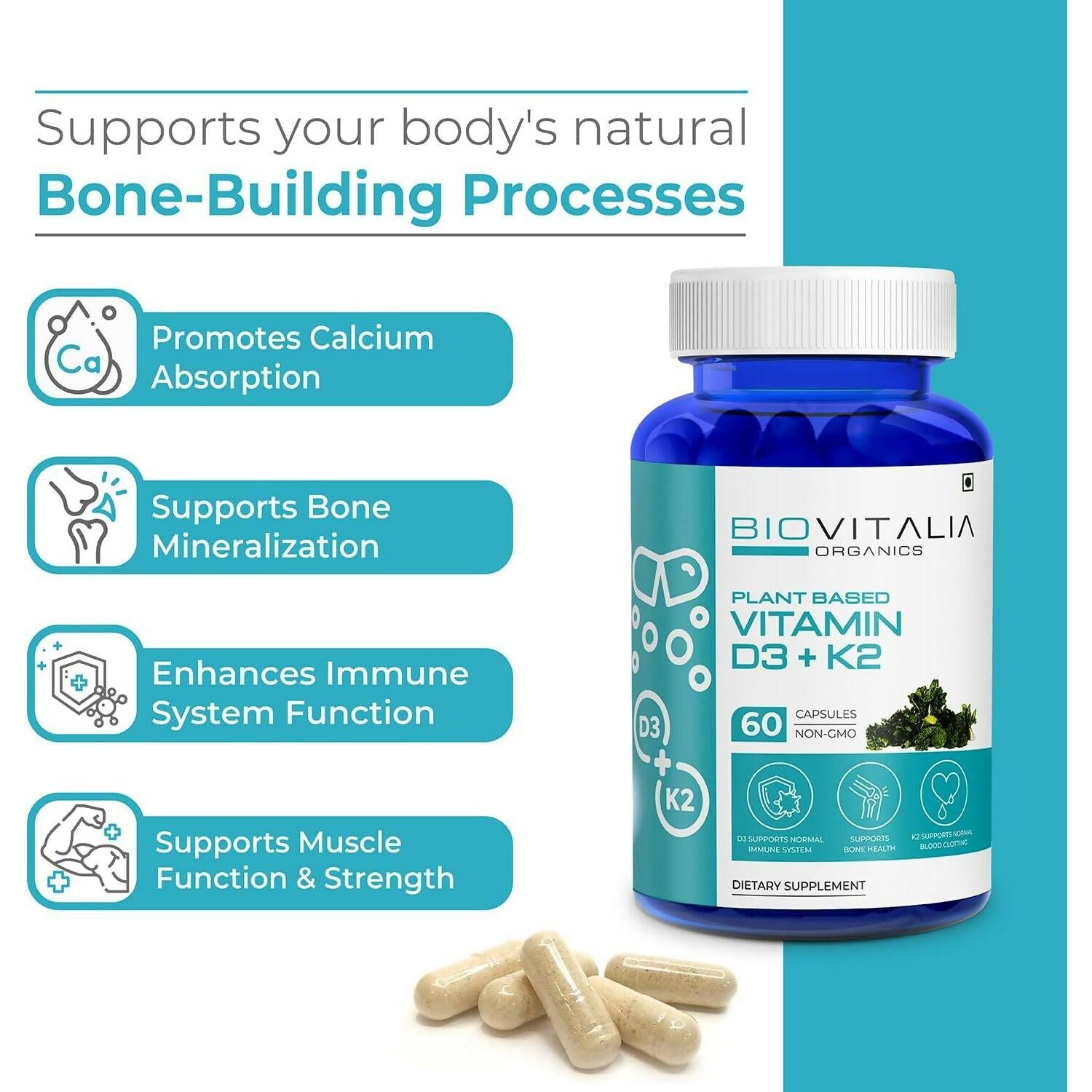 Biovitalia Organics Vitamin D3 + K2 Capsules For Men & Women
