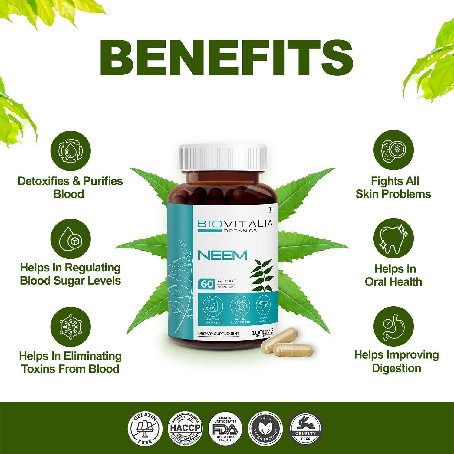 Biovitalia Organics Neem Capsules For Healthy Skin & Hair