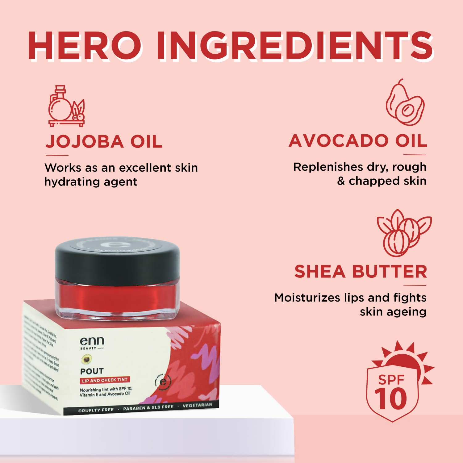 Enn Beauty Pout Lip, Cheek Tint With SPF 10 With Jojoba & Avocado Oil - Retro Red