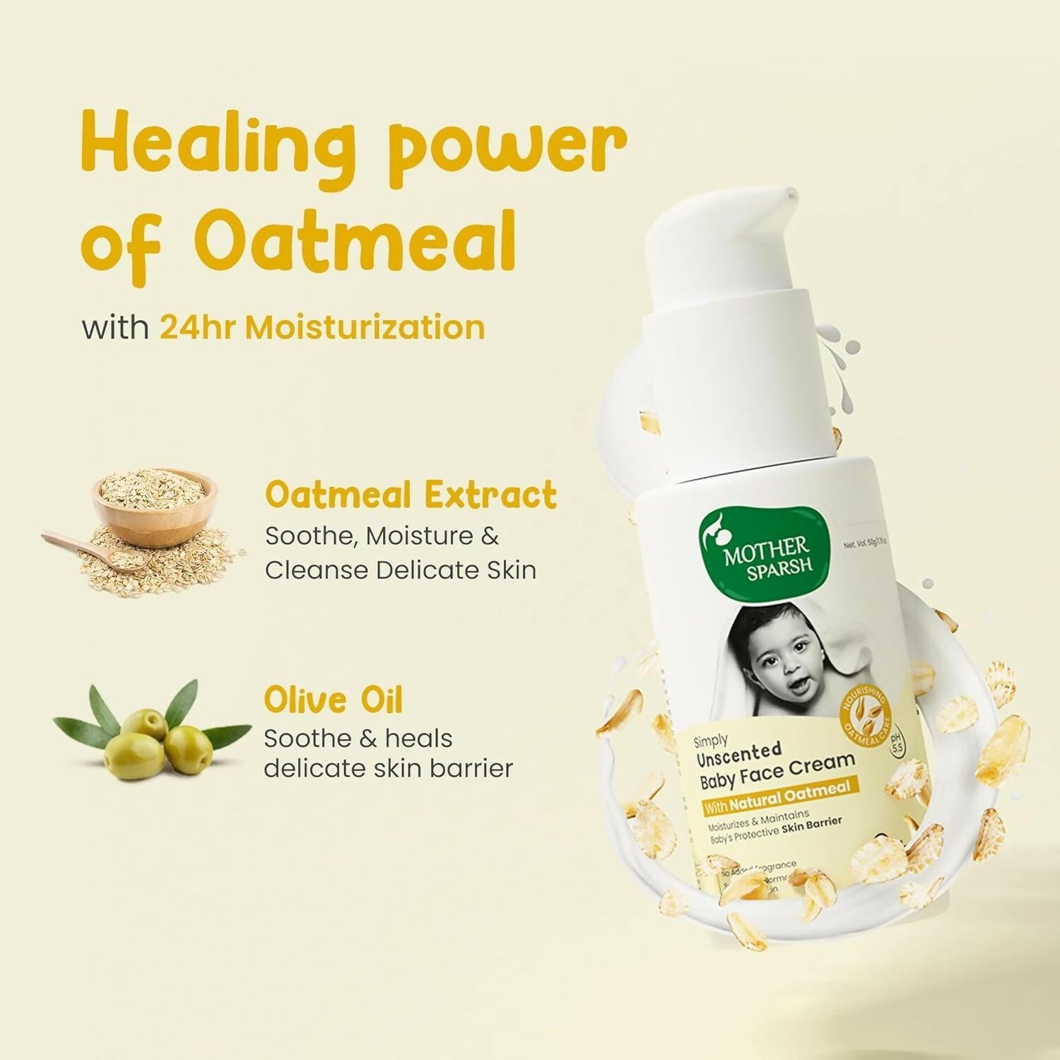 Mother Sparsh Simply Unscented Baby Face Cream with Oatmeal, for Sensitive Skin