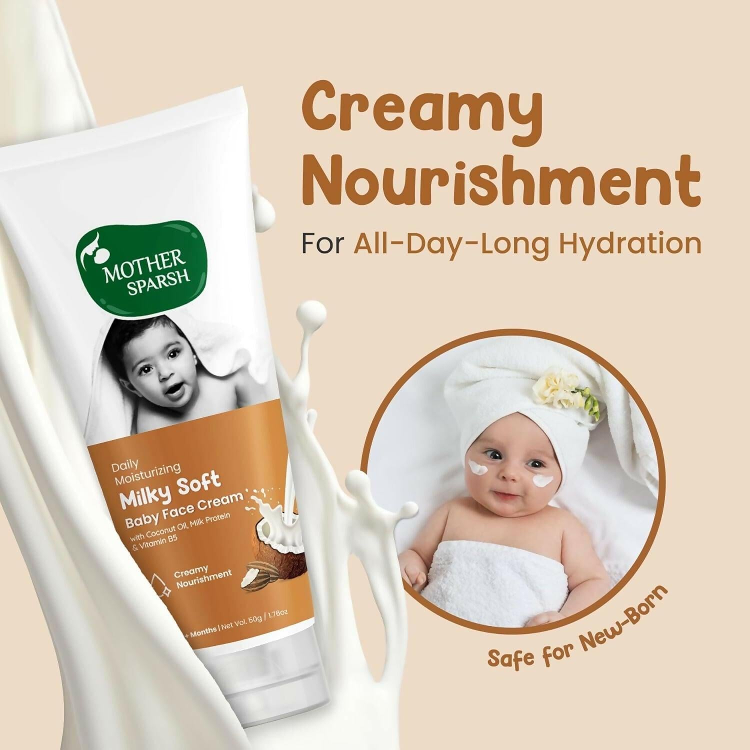 Mother Sparsh Milky Soft Baby Face Cream With Coconut Oil, Milk Protein & Vitamin B5, Non Sticky Baby Cream Prevents Dryness
