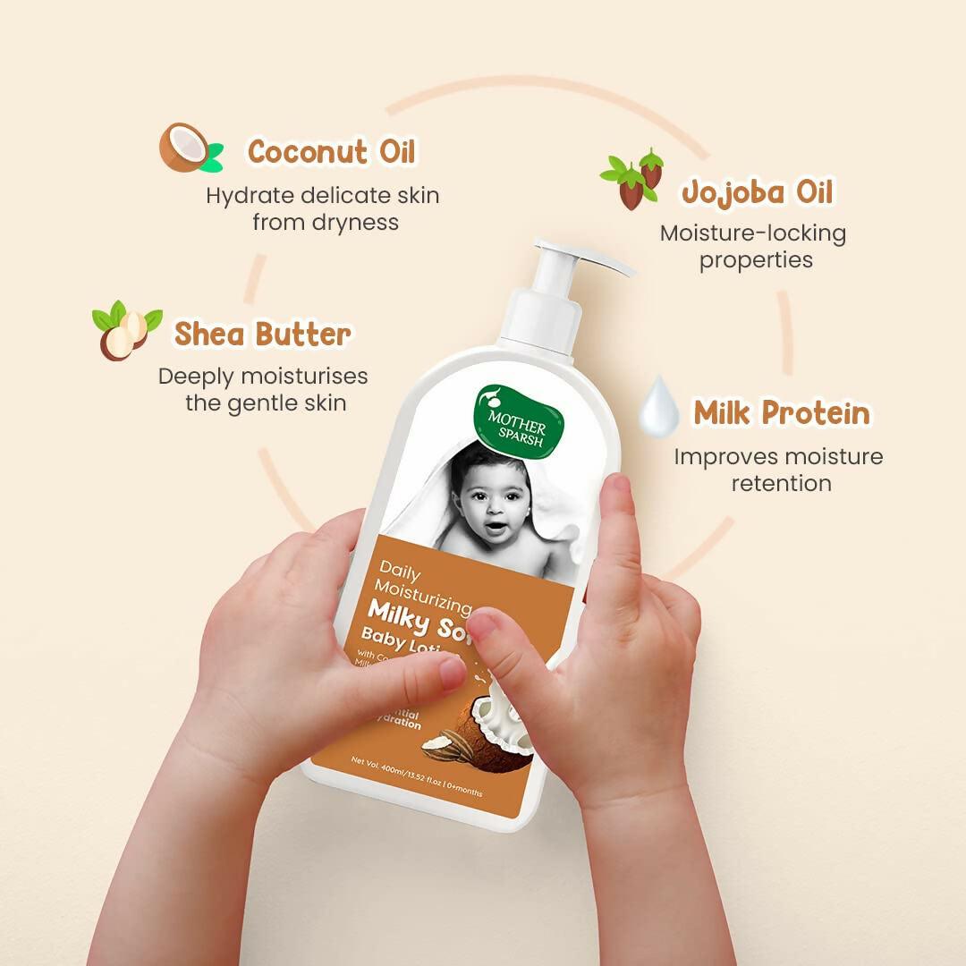 Mother Sparsh Milky Soft Baby Lotion With Milk Protein, Coconut Oil & Shea Butter For 24Hrs Moisturization