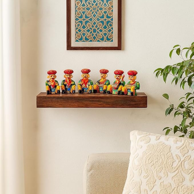 Wooden Rajasthani Musician Set | Hand-Painted Bawla Folk Art Showpiece | Home Decor, Gift Item (Set of 6, Multicolour)
