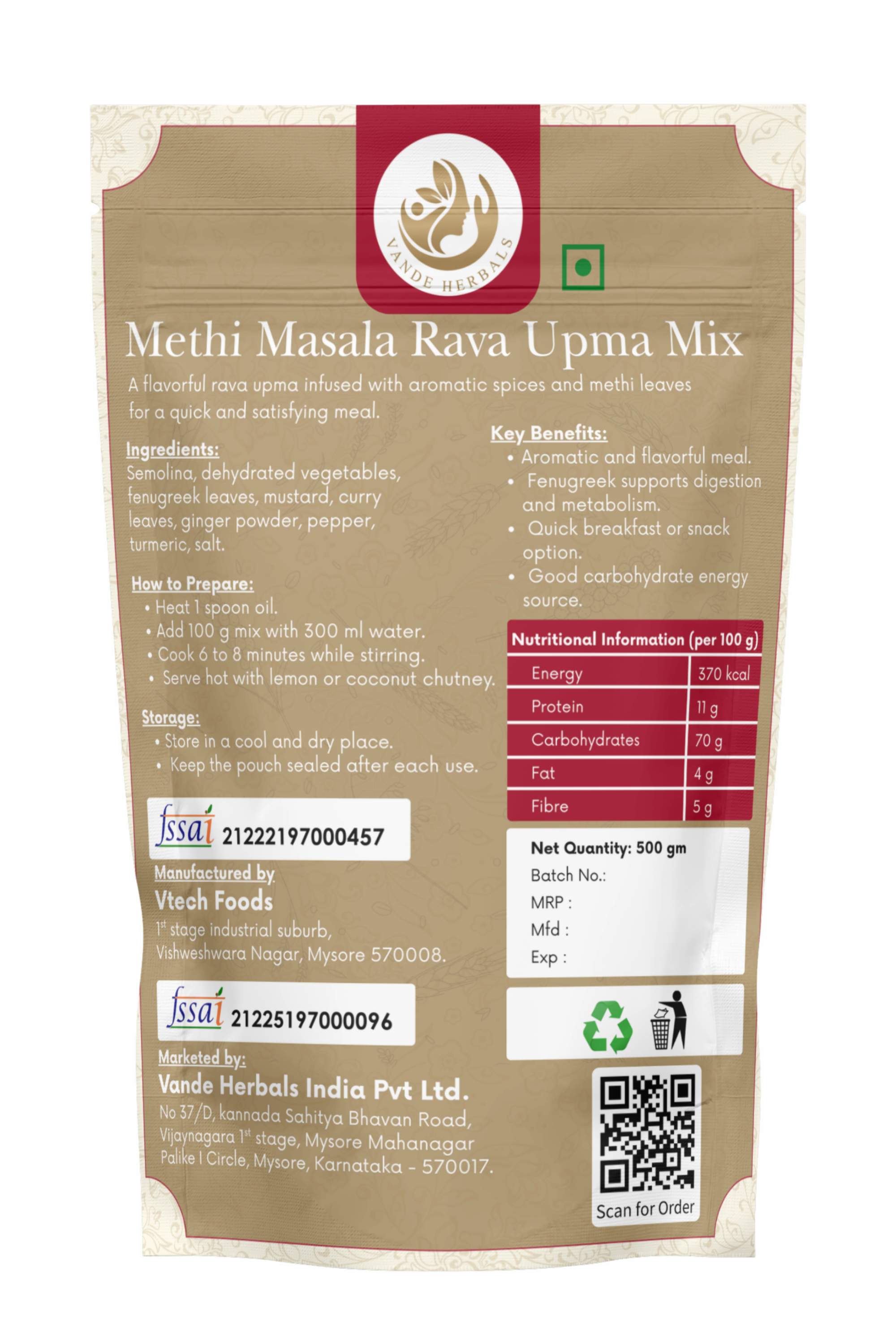 Methi Masala Rava Upma Mix 500 g Instant Breakfast Mix | Vande Herbals