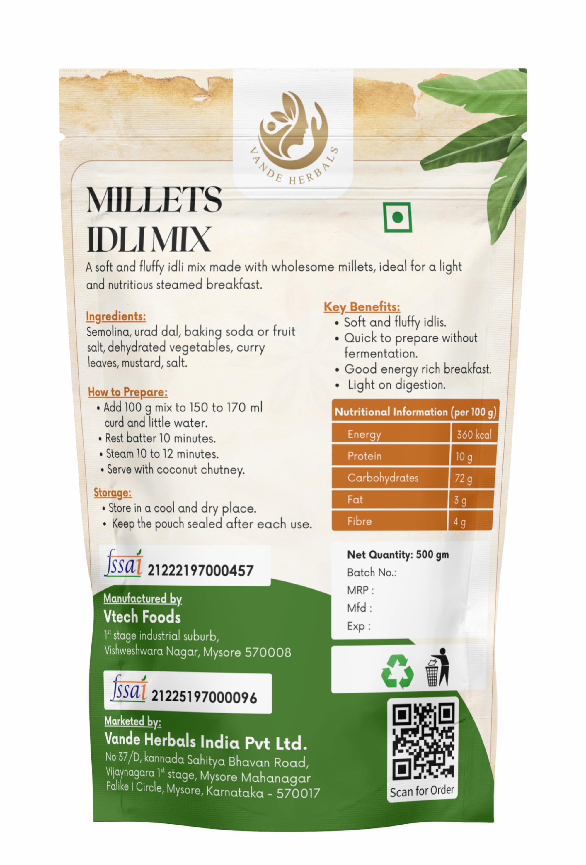 Millets Idli Mix 500 g Instant South Indian Breakfast Mix | Vande Herbals