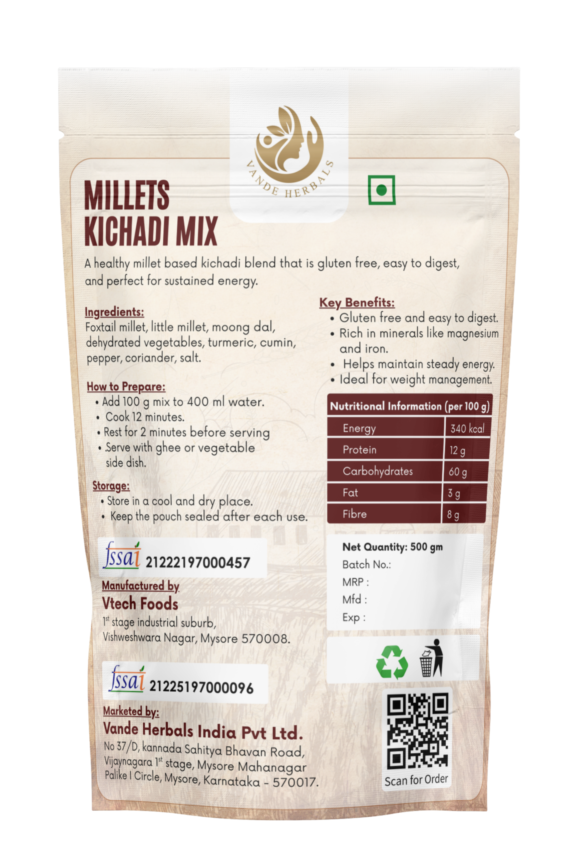 Millets Khichadi Mix 500 g Instant Healthy Meal | Vande Herbals