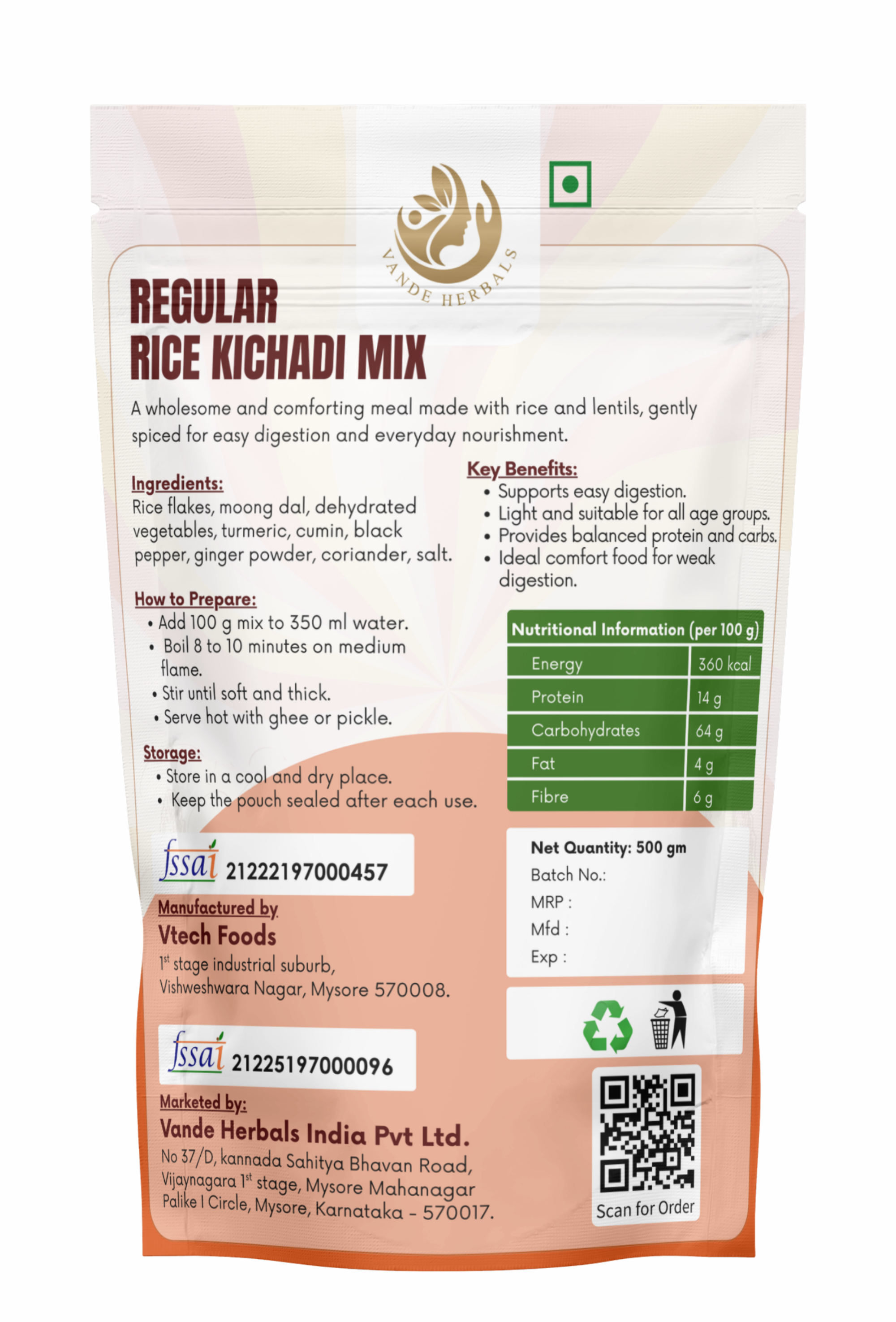Regular Rice Khichadi Mix 500 g Instant Comfort Meal | Vande Herbals