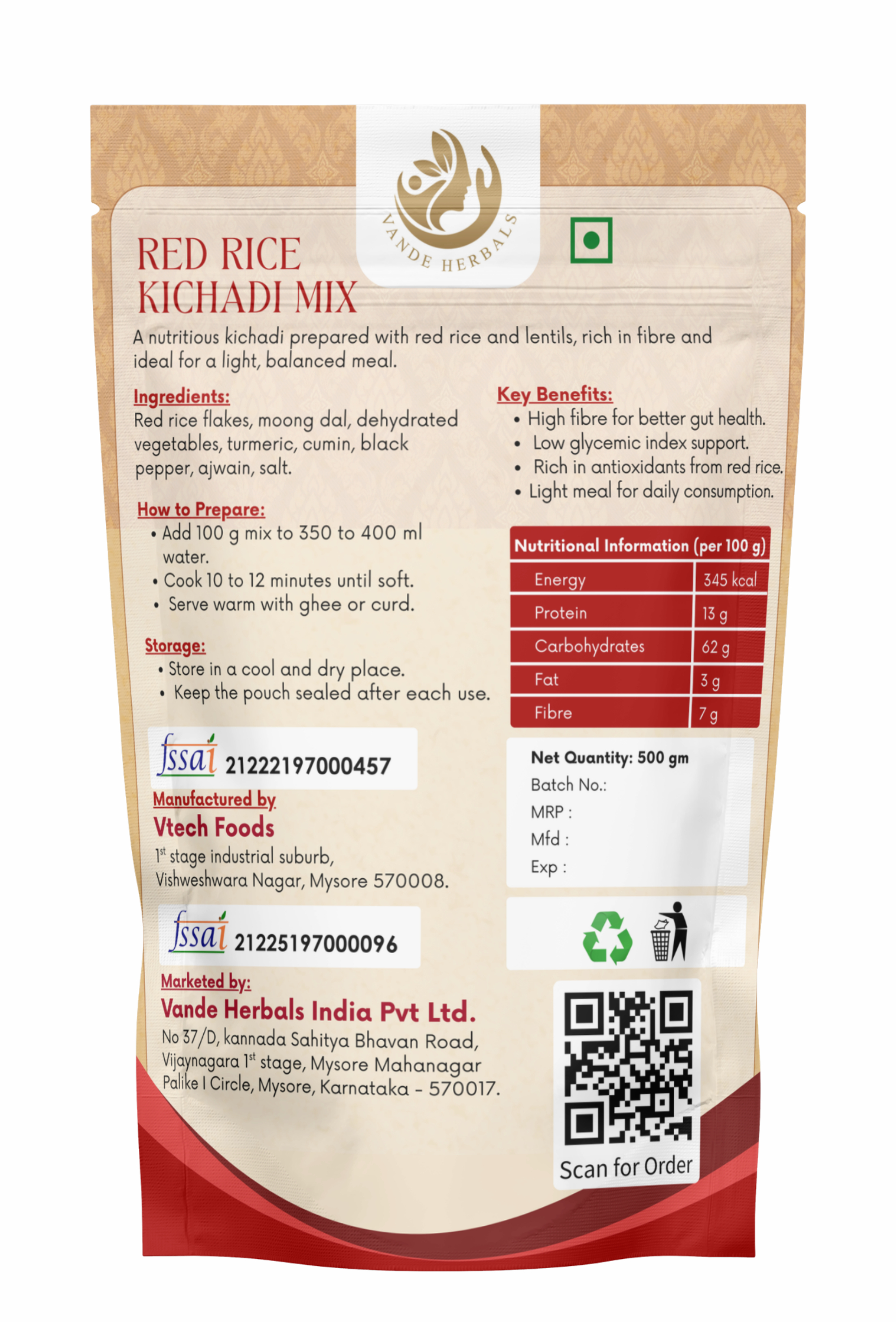 Red Rice Khichadi Mix 500 g Instant Healthy Meal | Vande Herbals