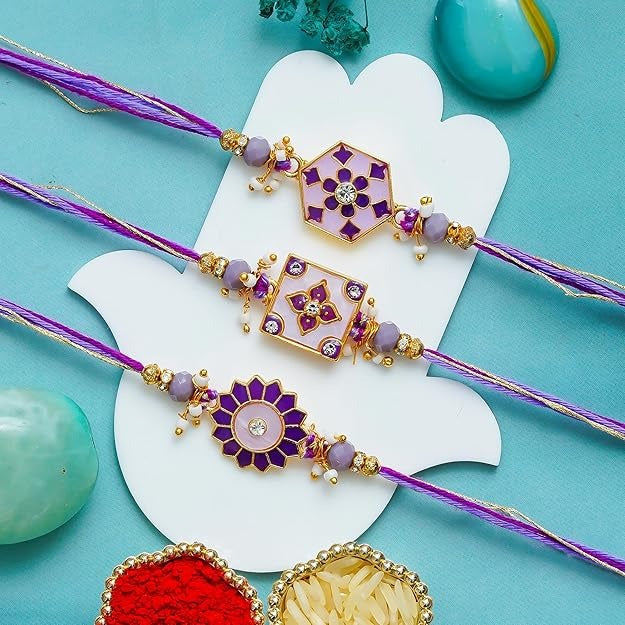 eCraftIndia Set of 3 Purple Floral Designer Rakhis | Best Bro Ever Fridge Magnet | Roli Chawal Pack | Rakhi for Brother