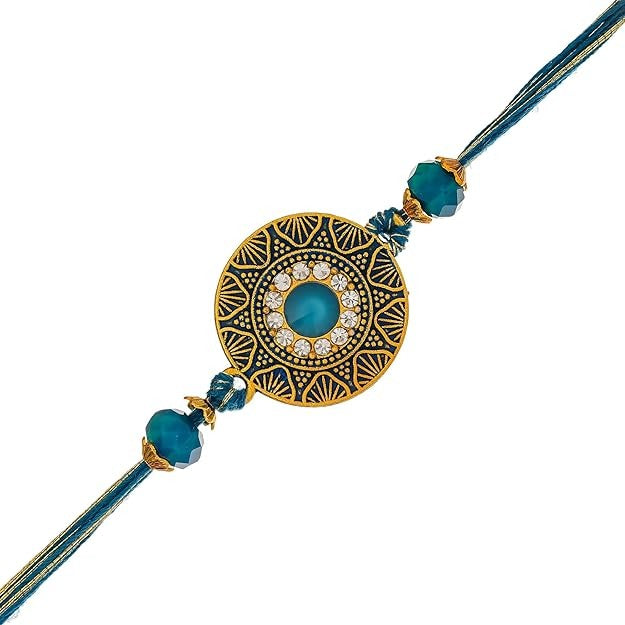 eCraftIndia Set of 2 Blue Kundan Designer and Religious Lord Ganesha Rakhis, Best Bro Ever Fridge Magnet with Roli Chawal Pack