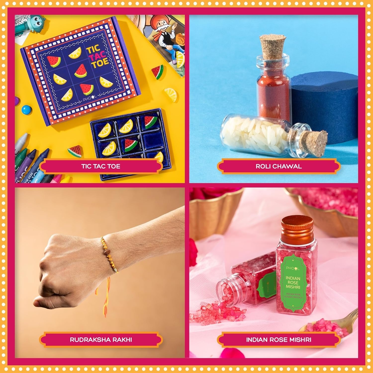 Phool Tera Mera Rakhi Gift Box for Brother | 11-in-1 Rakhi Hamper with Rudraksha & Mystic Braid Rakhi, Dhoop Cone, Dry Fruits, Mouth Freshener, Tic-Tac-Toe & Greeting Card