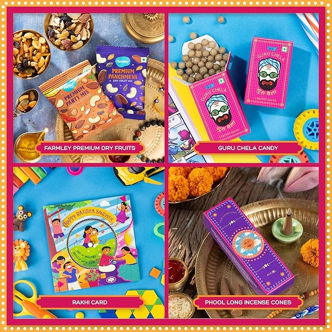 Phool Tera Mera Rakhi Gift Box for Brother | 11-in-1 Rakhi Hamper with Rudraksha & Mystic Braid Rakhi, Dhoop Cone, Dry Fruits, Mouth Freshener, Tic-Tac-Toe & Greeting Card