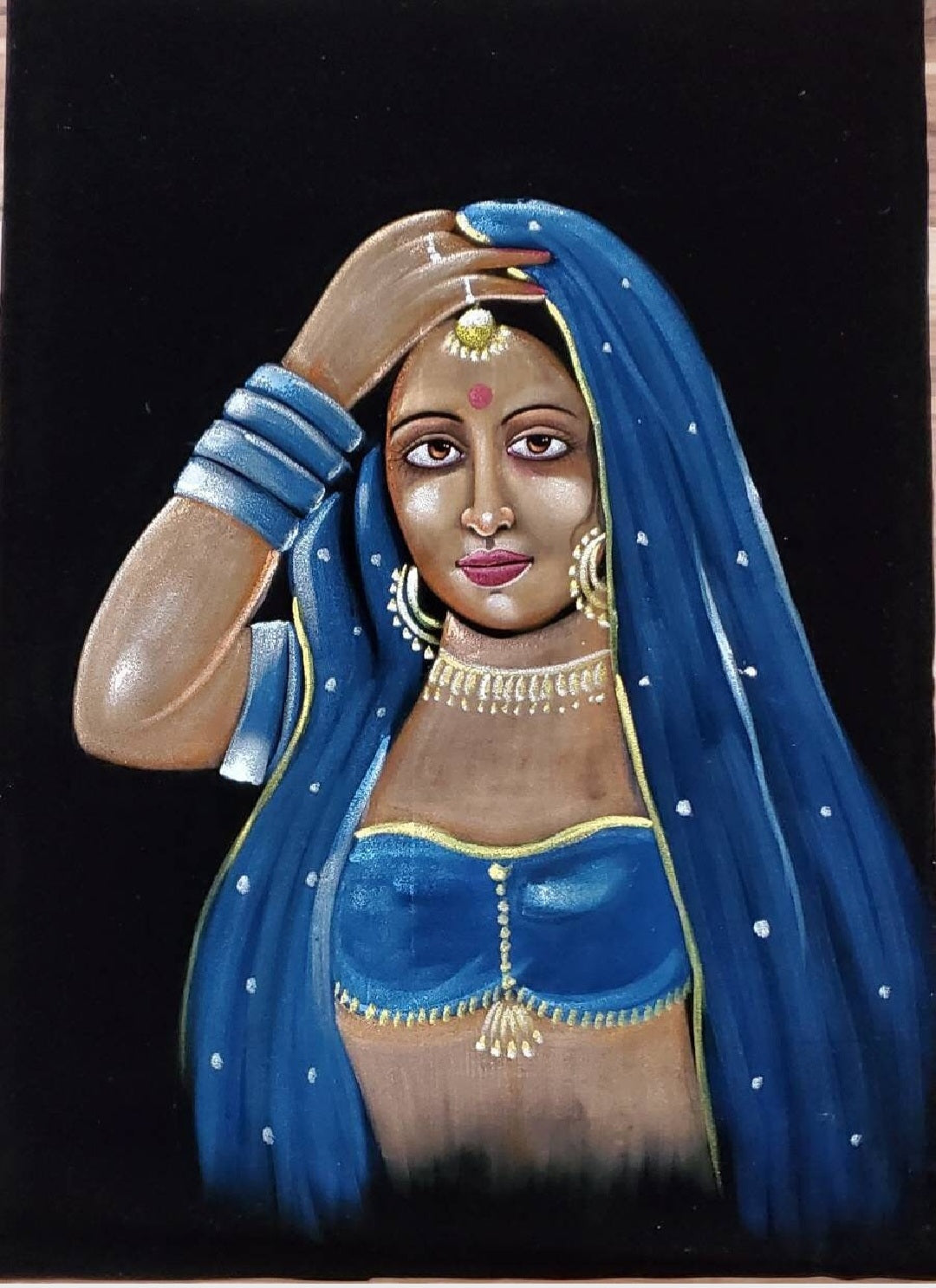 Traditional Indian Woman Oil Painting on Black Velvet