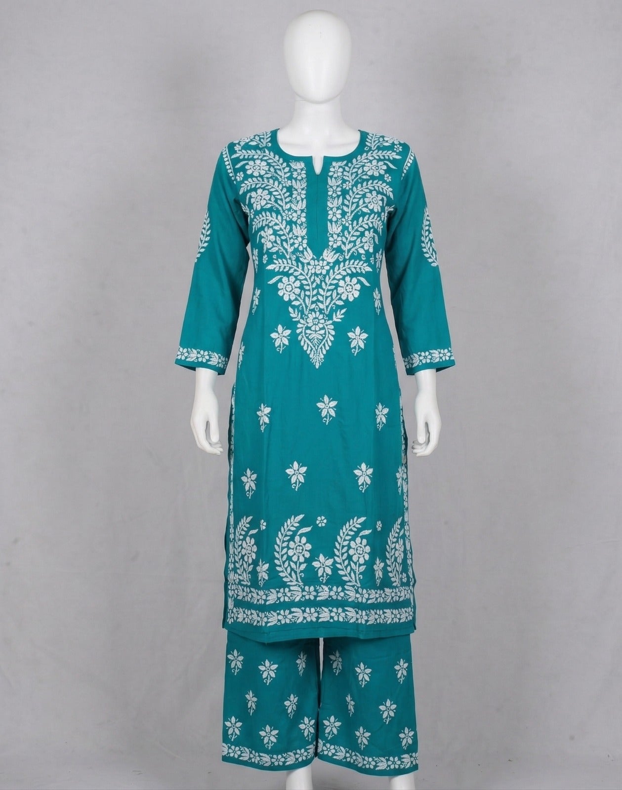 Elegant Teal Rayon Embroidered Kurta with Plazo Set