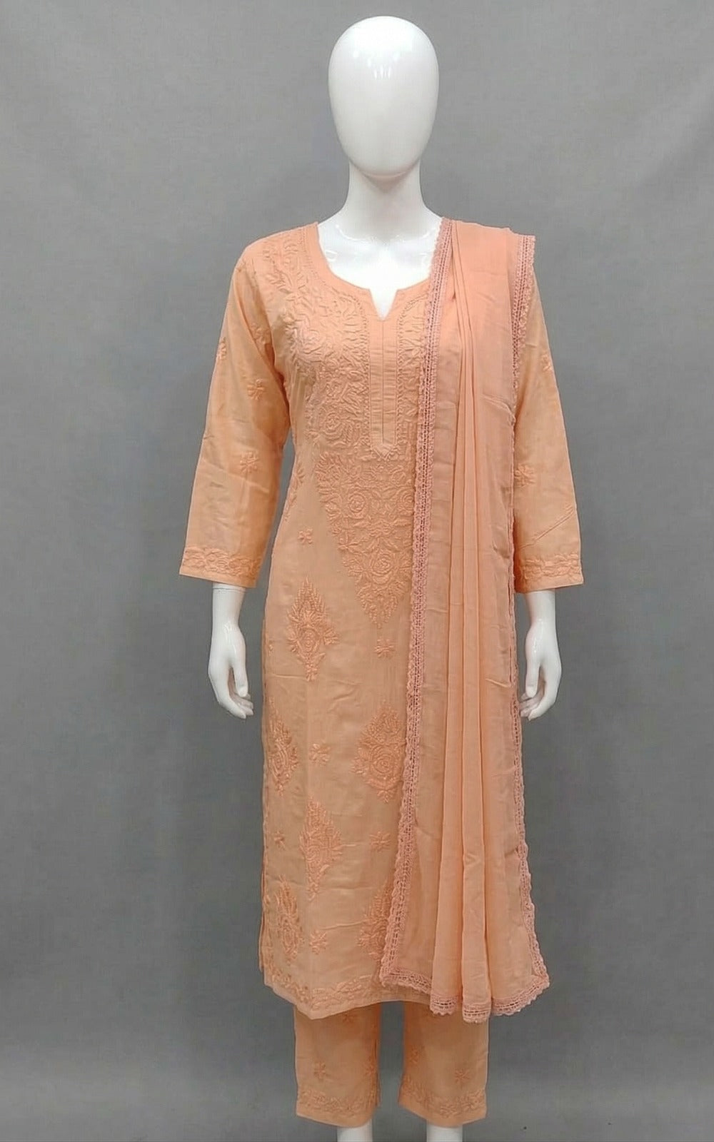 Peach Embroidered Masleen 3 Pc Kurti Plazo Set with Dupatta