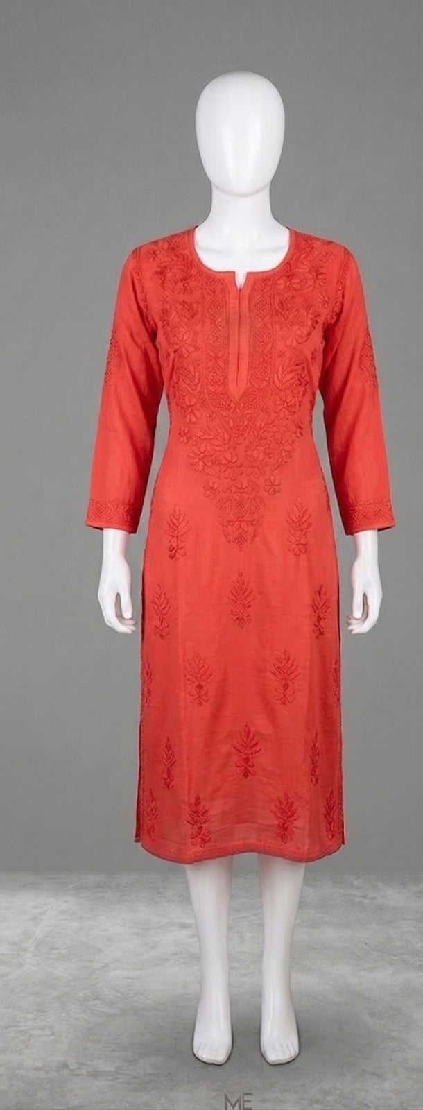 Coral Orange Embroidered Modal Kurti
