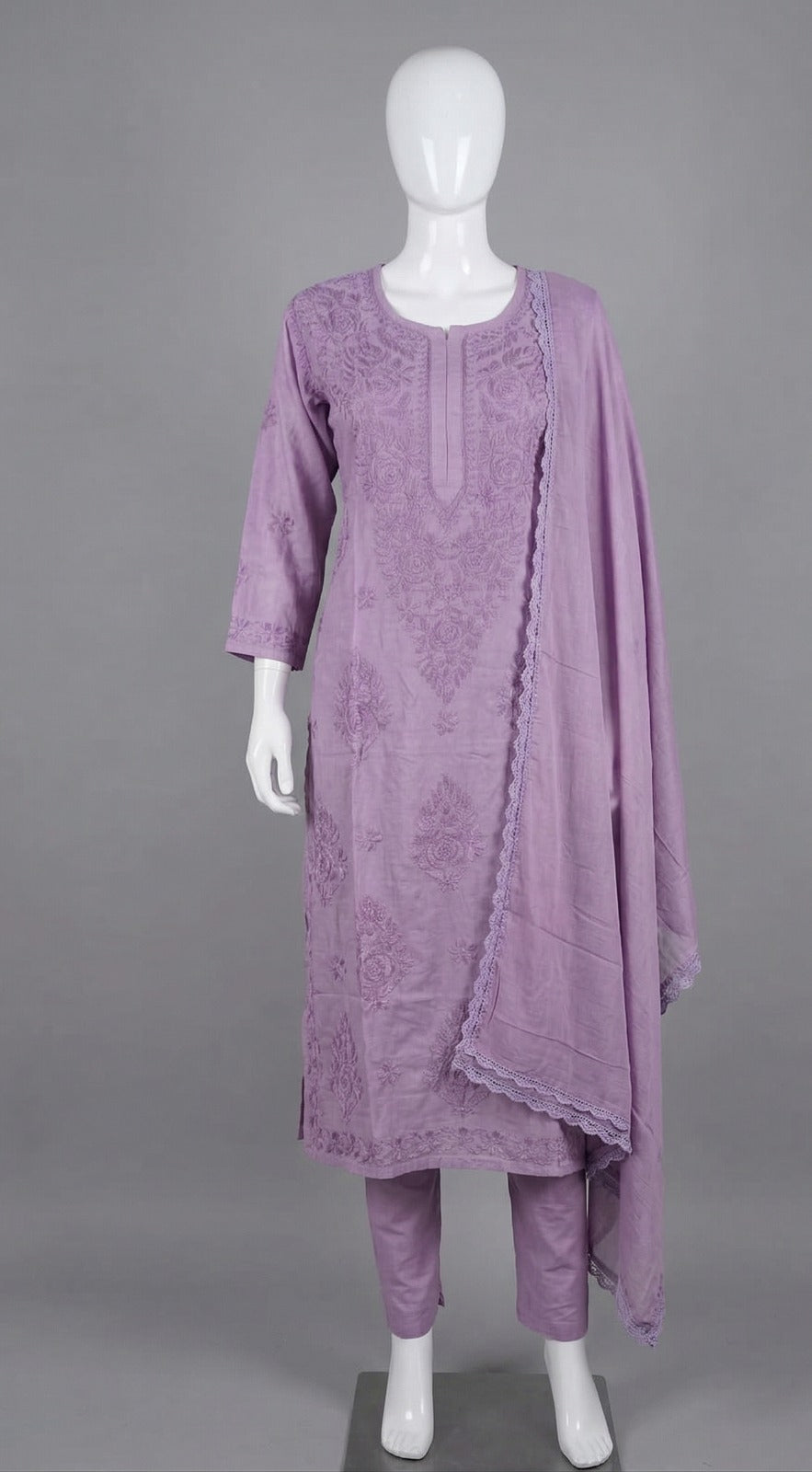 Soft Lavender Embroidered Masleen 3 Pc Kurti Plazo Set with Dupatta