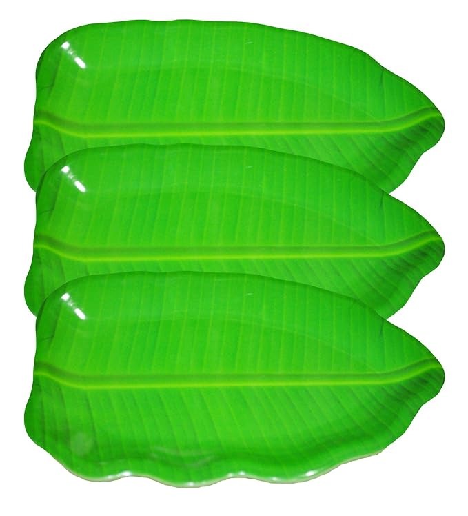 Plastic Banana Leaf Shape South Indian Dinner / Lunch Serving Plate for All Occasions Green - 3 Pieces