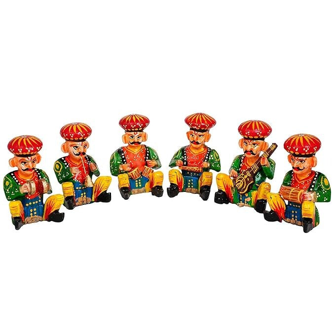 Wooden Rajasthani Musician Set | Hand-Painted Bawla Folk Art Showpiece | Home Decor, Gift Item (Set of 6, Multicolour)