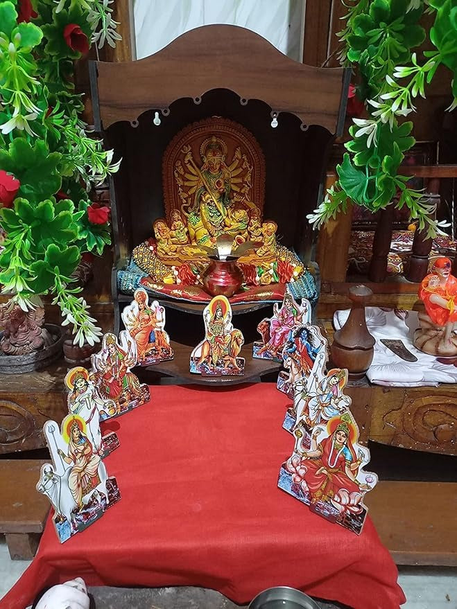 Set of 9 Pieces Nav Durga Wooden MDF Set for Navratri Decoration for Home Temple & Office Corporate Gifting (4 Inch)