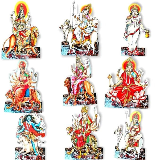 Set of 9 Pieces Nav Durga Wooden MDF Set for Navratri Decoration for Home Temple & Office Corporate Gifting (4 Inch)