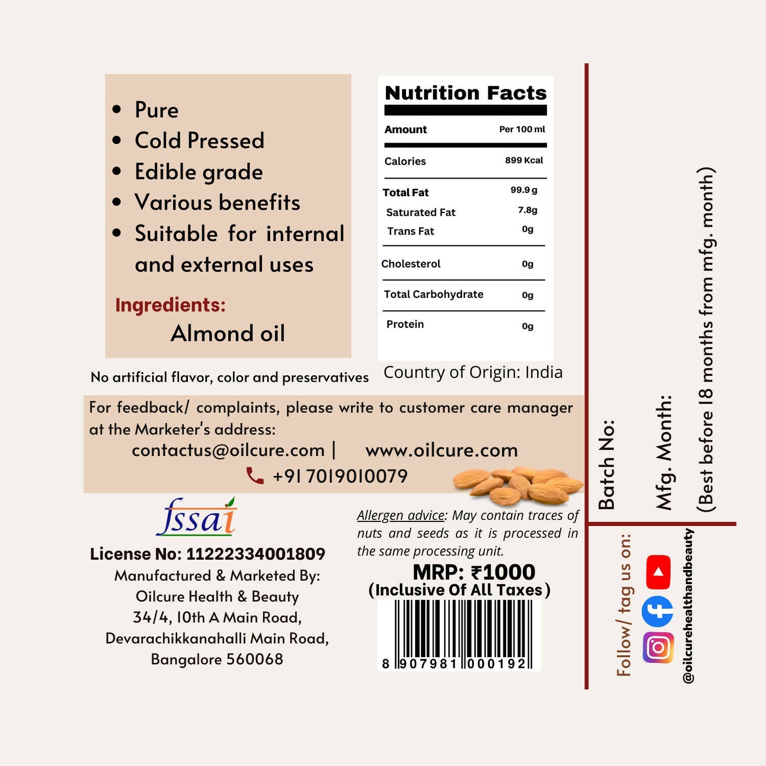Oilcure Almond Oil Cold Pressed
