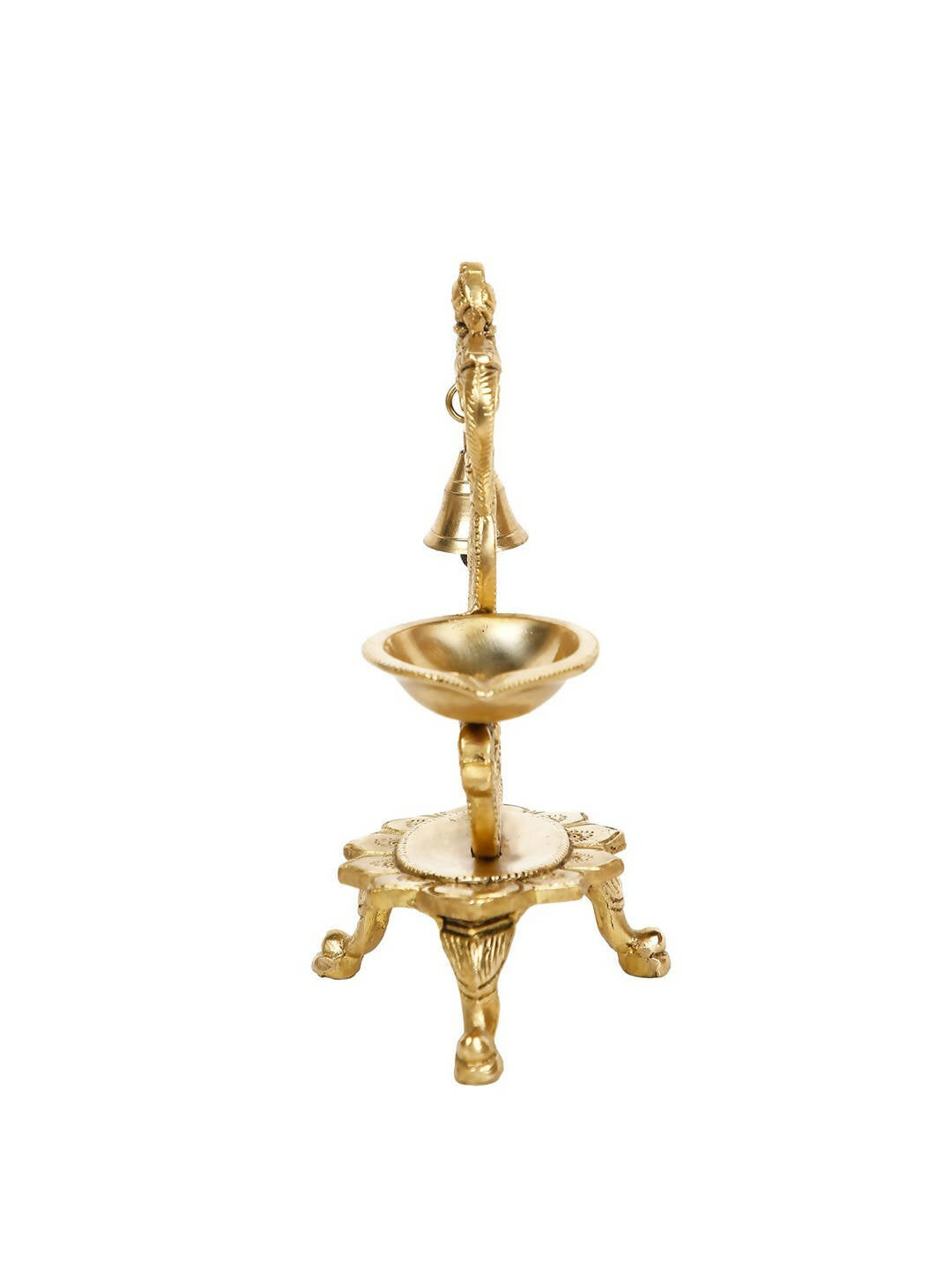CraftVatika Gold-Toned Brass Handmade Decorative Peacock Design Diya with Bell & Stand