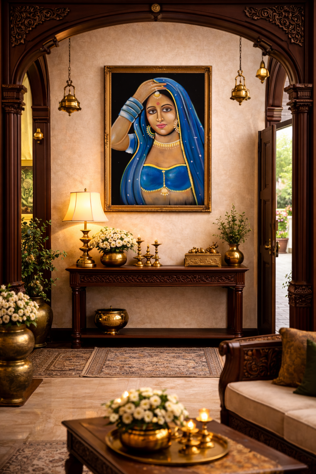 Traditional Indian Woman Oil Painting on Black Velvet