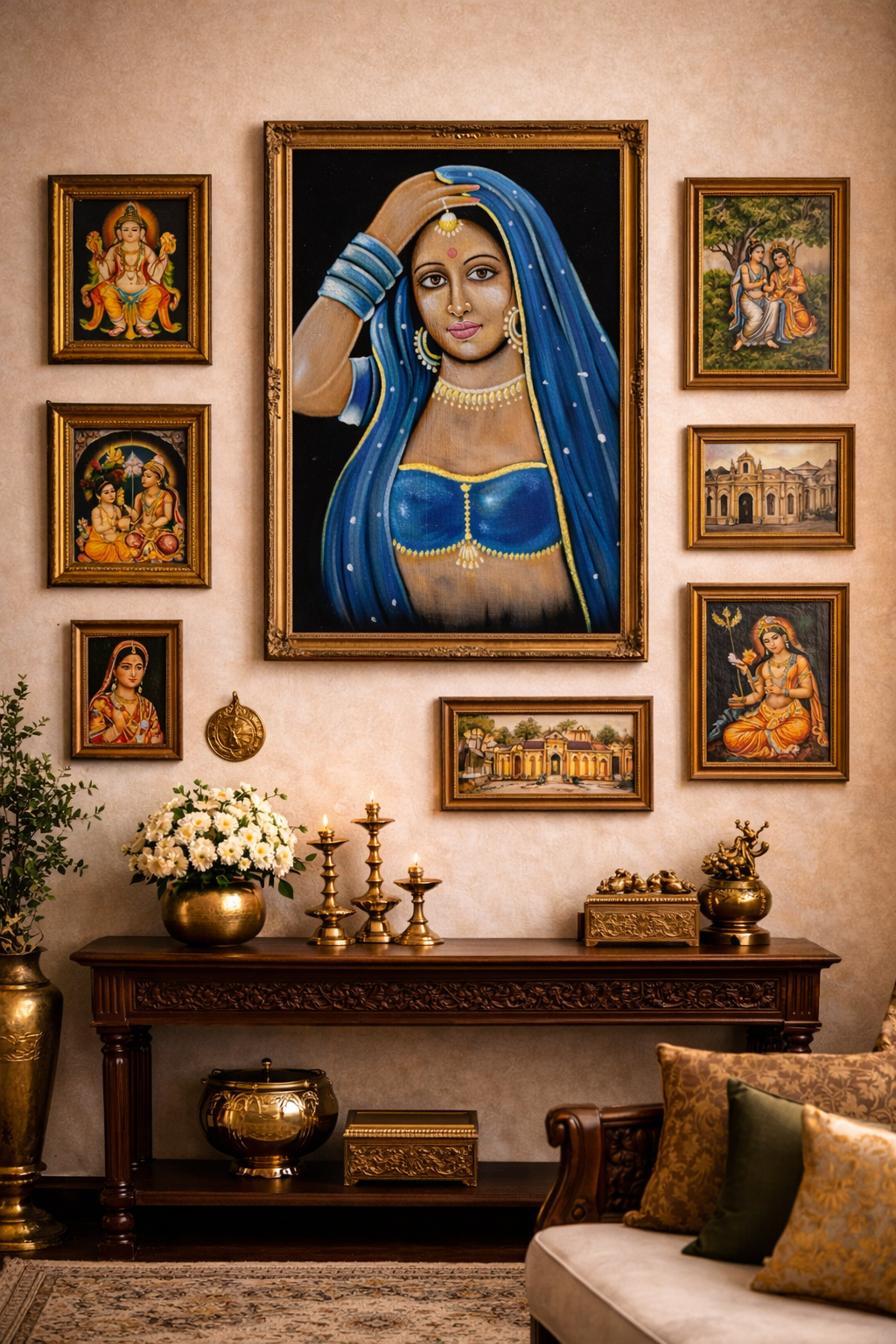 Traditional Indian Woman Oil Painting on Black Velvet