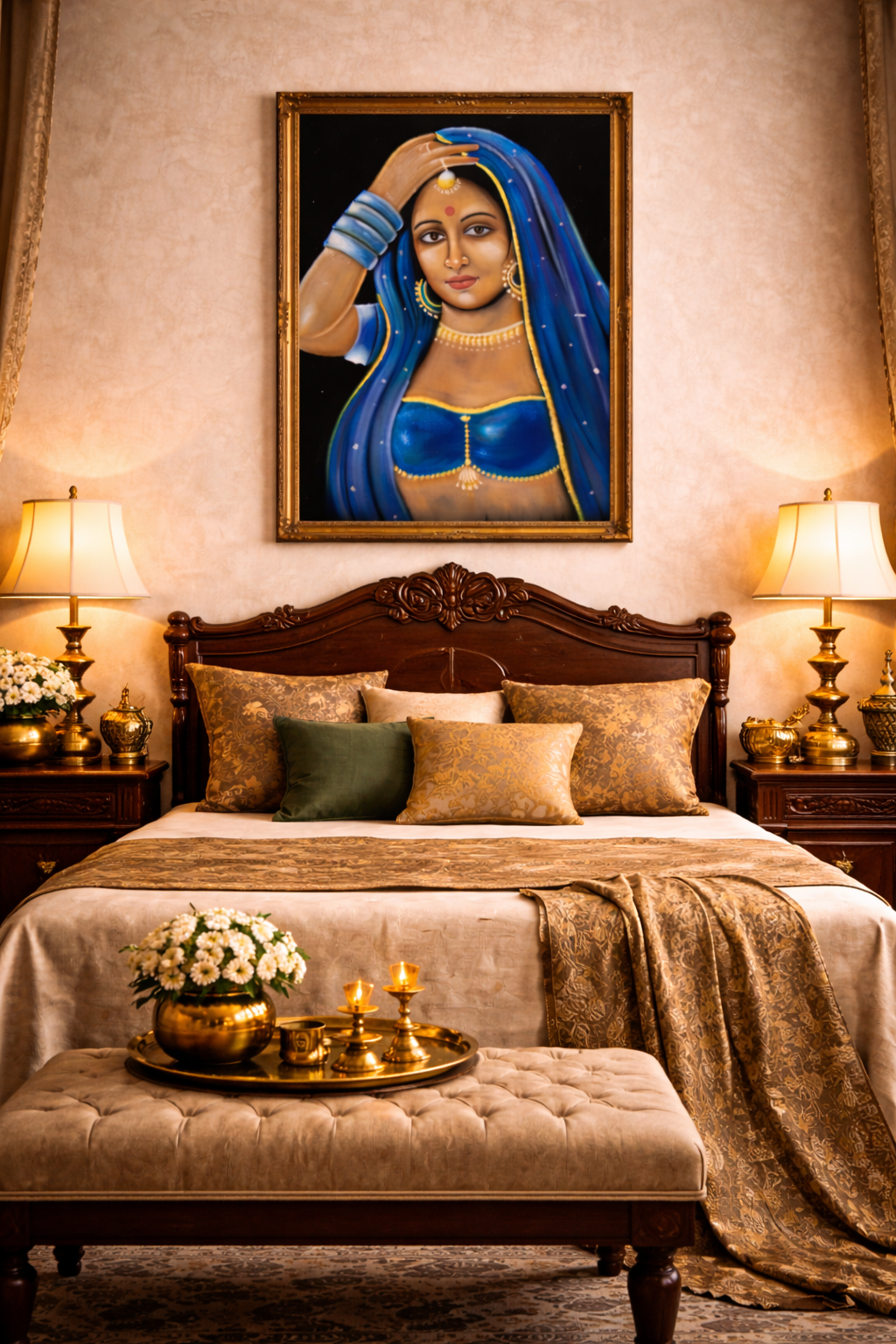 Traditional Indian Woman Oil Painting on Black Velvet