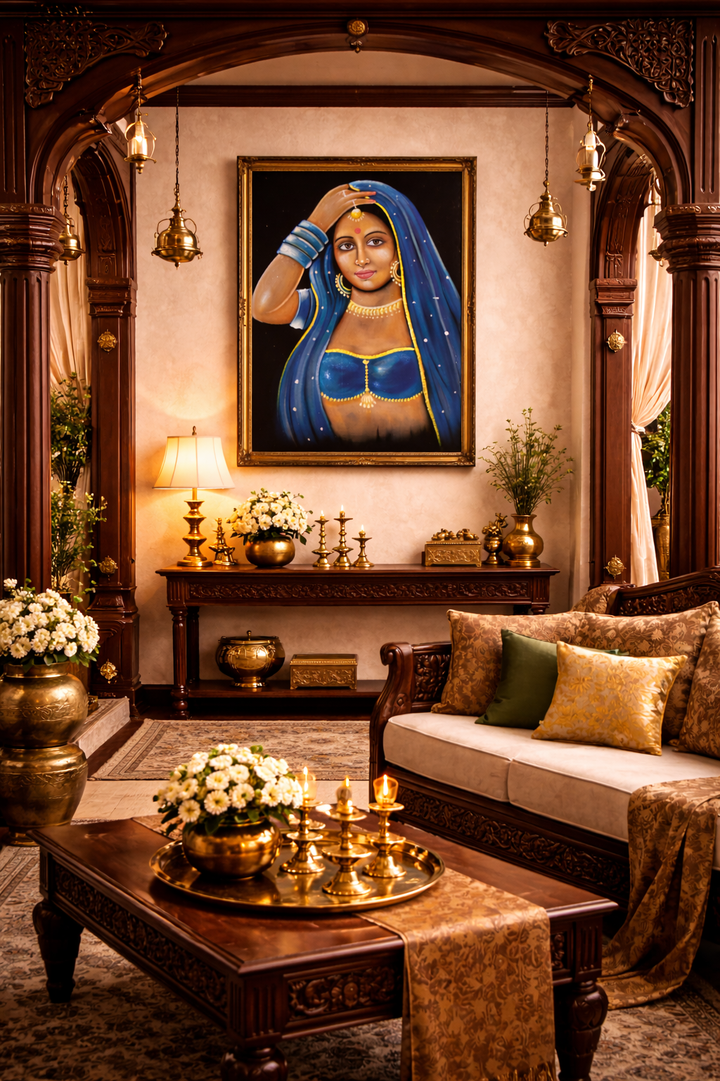 Traditional Indian Woman Oil Painting on Black Velvet